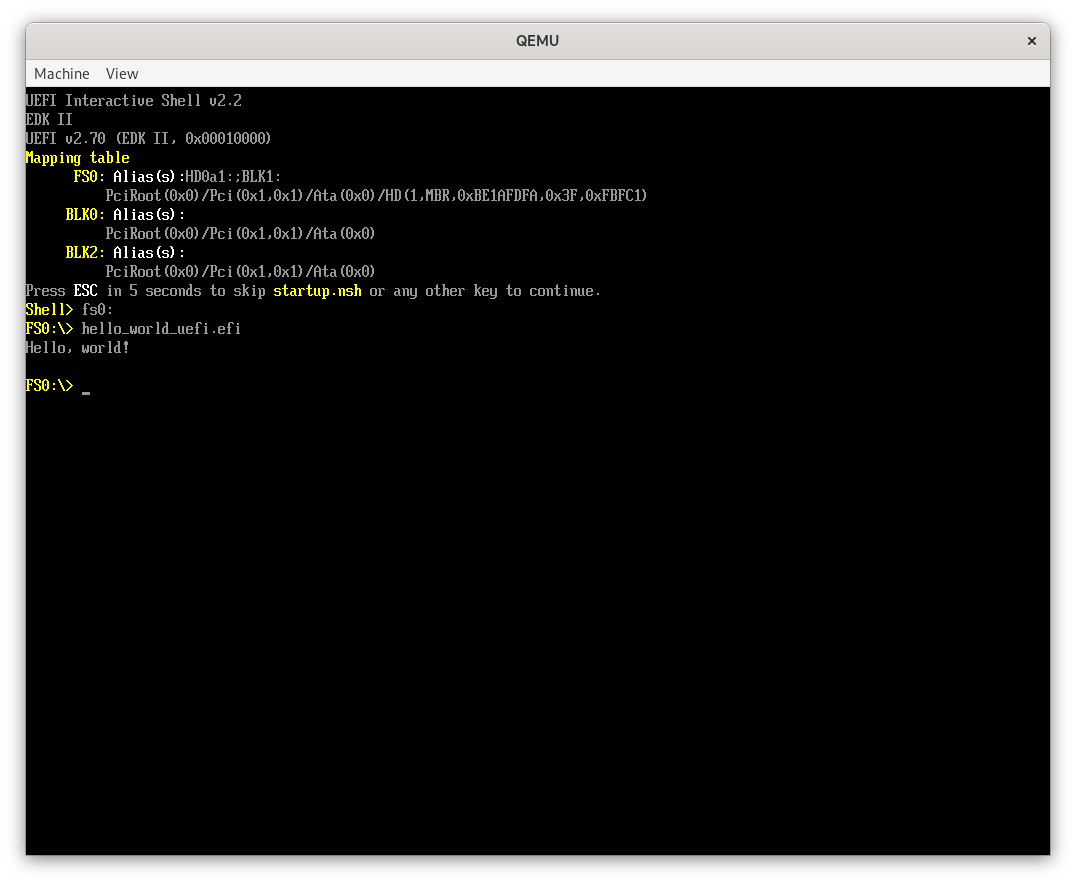 hello_world_uefi.efi running from the fs0: shell under QEMU