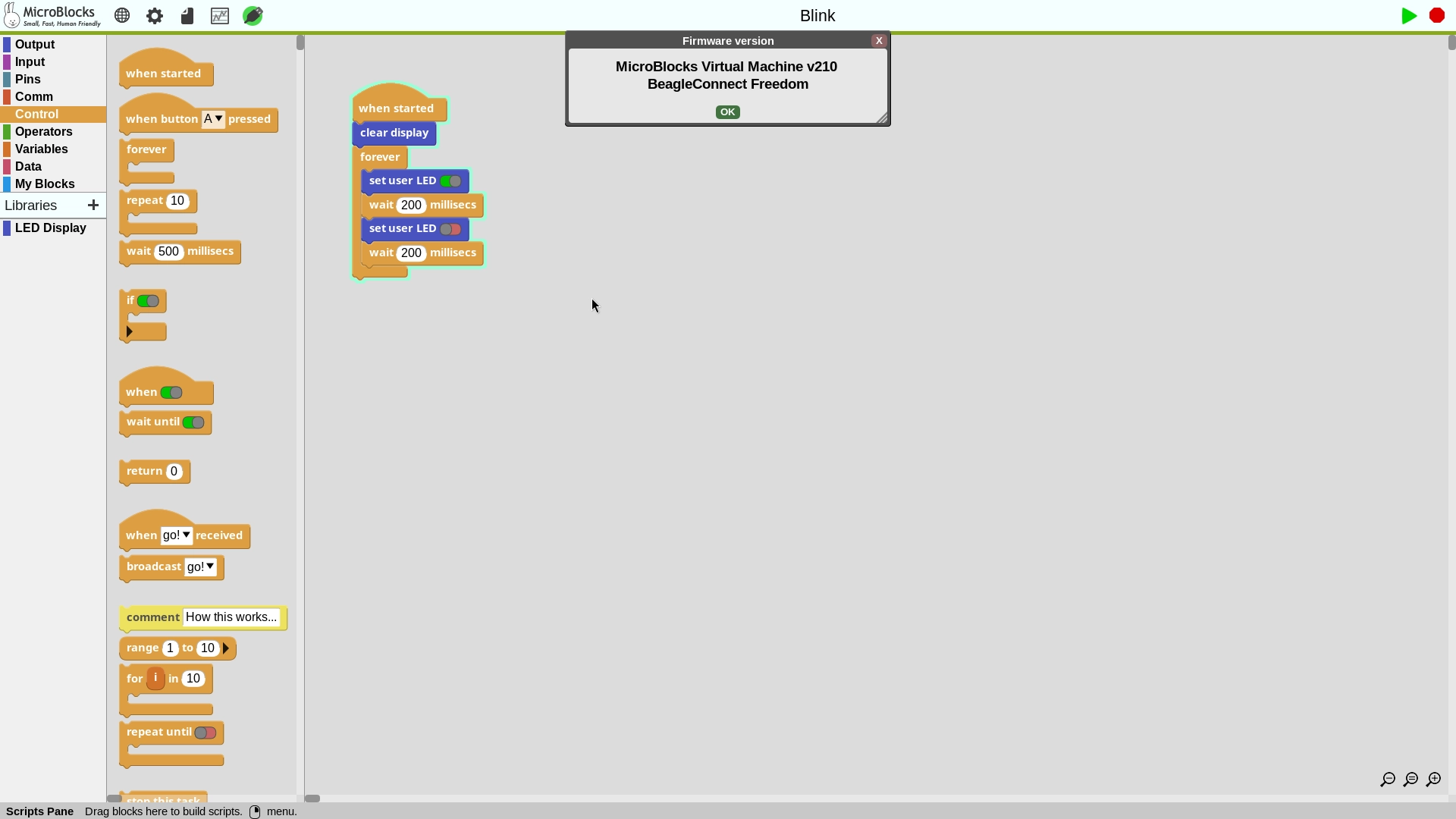 MicroBlocks IDE running the blink example on BeagleConnect Freedom