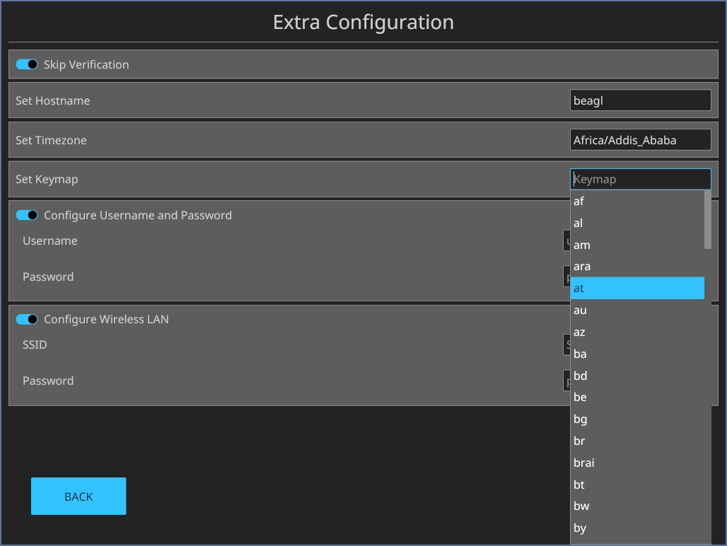BeagleBoard Imager extra configuration page