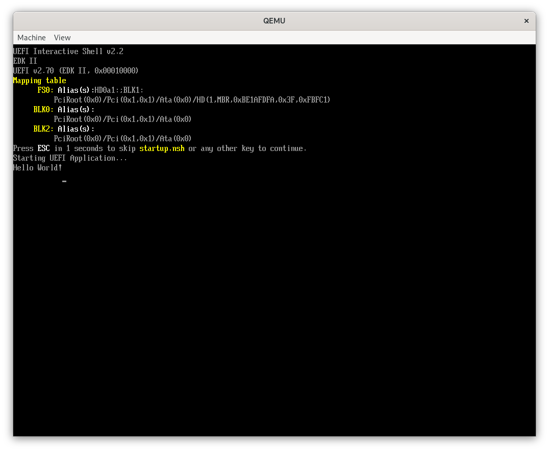 Output of hello_world.efi running under QEMU