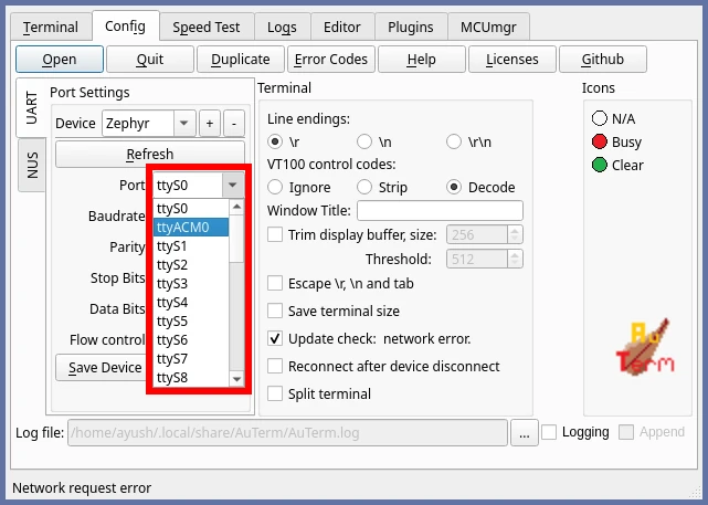 Selecting the BeagleConnect Freedom port in AuTerm