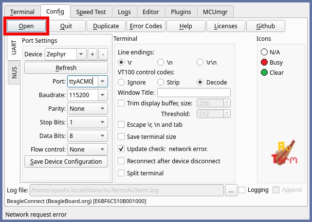 AuTerm Terminal tab after opening the port, showing the build time