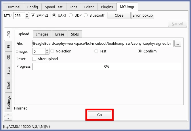 Pressing the Go button to start the firmware upload